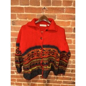 Valerie Stevens Petites Sport Red Fair Isle Nordic Wool Cardigan PM‎